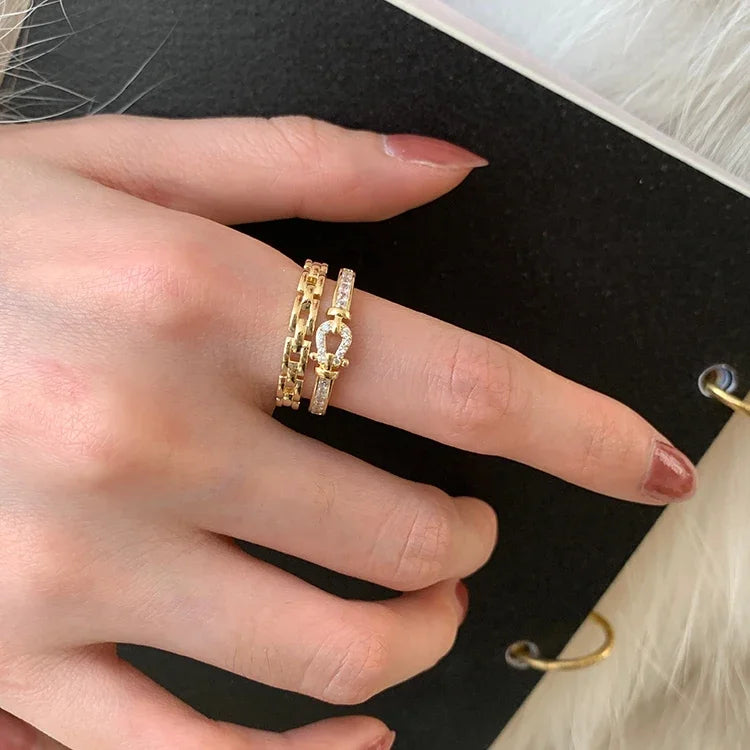14K gold plated 2023 Korean new fashion jewelry double-layer zircon cross ring elegant women's opening daily work accessories