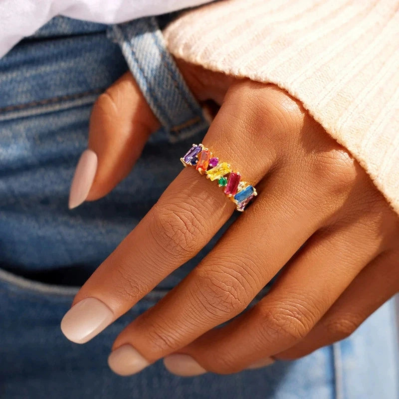 Charm Irregular Rainbow Zircon Colorful Wedding Bands Gold Silver Color Female Promise Engagement Rings For Women Bridal Jewelry