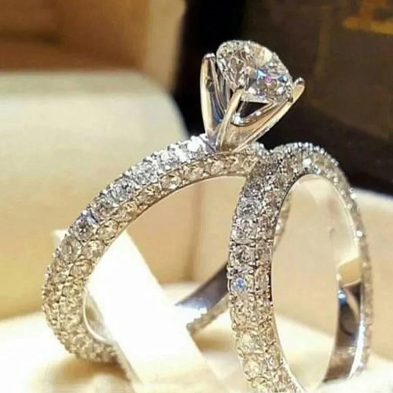 2PCS/Set Milangirl Trendy Crystal Ring Set Wedding Rings Women Geometric Luxury White Bridal Rings Jewelry Ladies Party
