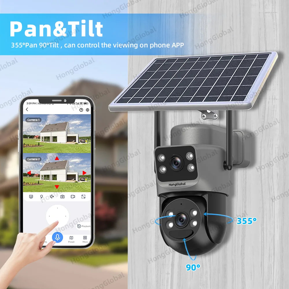 HongGlobal 8MP Wireless Solar Powered Surveillance Camera Eseecloud Dual Lens 4K Home Security 5G WiFi/4G Outdoor Solar CCTV Cam