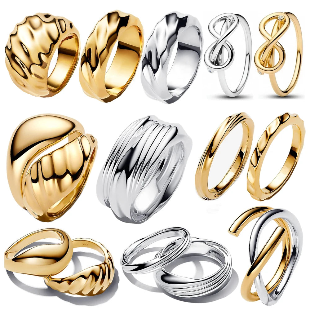European and American Fashion 925 Sterling Silver Ripple Twisted Double Ring&Unlimited&Wide Face French Ring Couple Style Jewelr