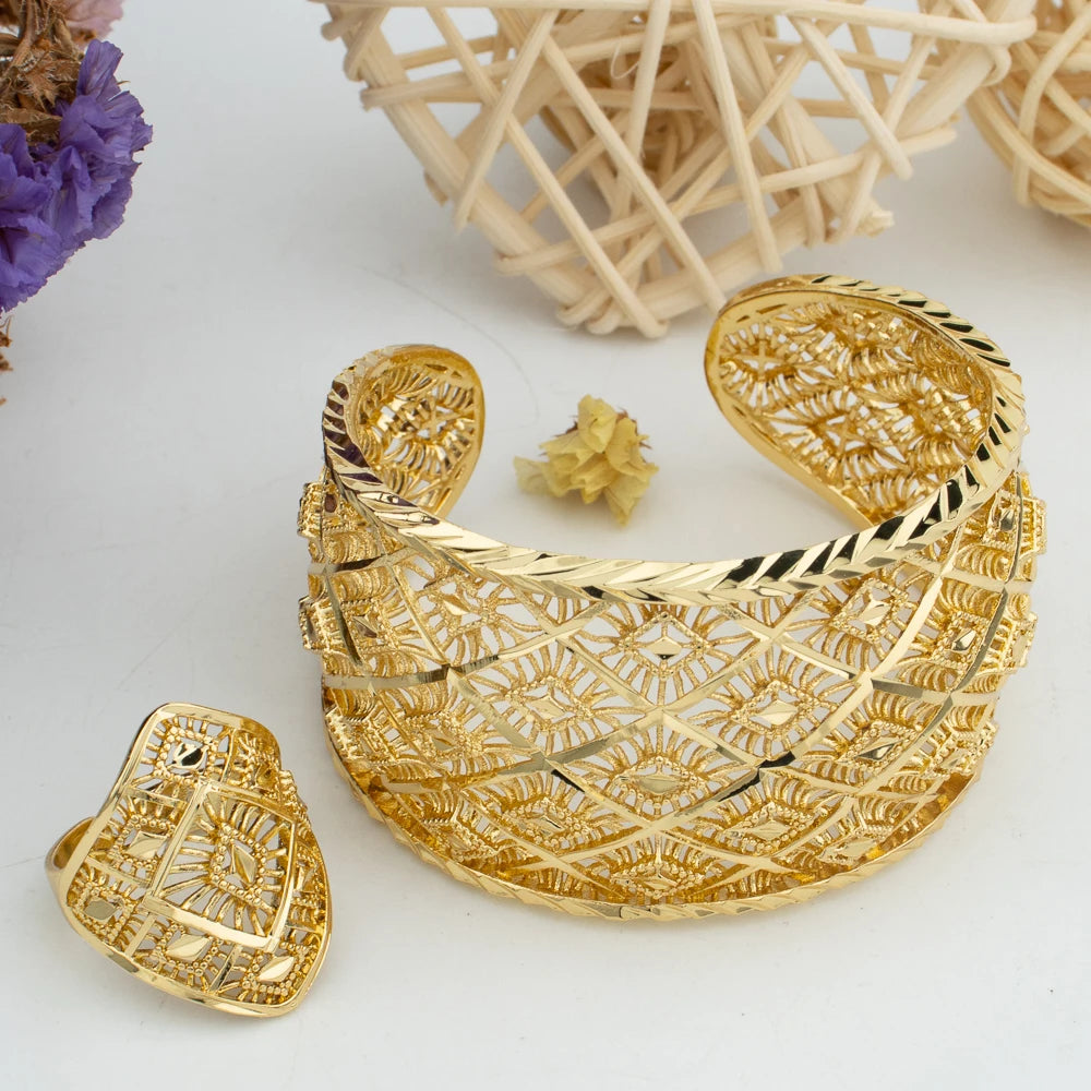 African Adjustable Gold Color Bangles With Ring For Women Dubai Gold Plated Bracelet Nigerian Indian Jewelry Bangle Gifts