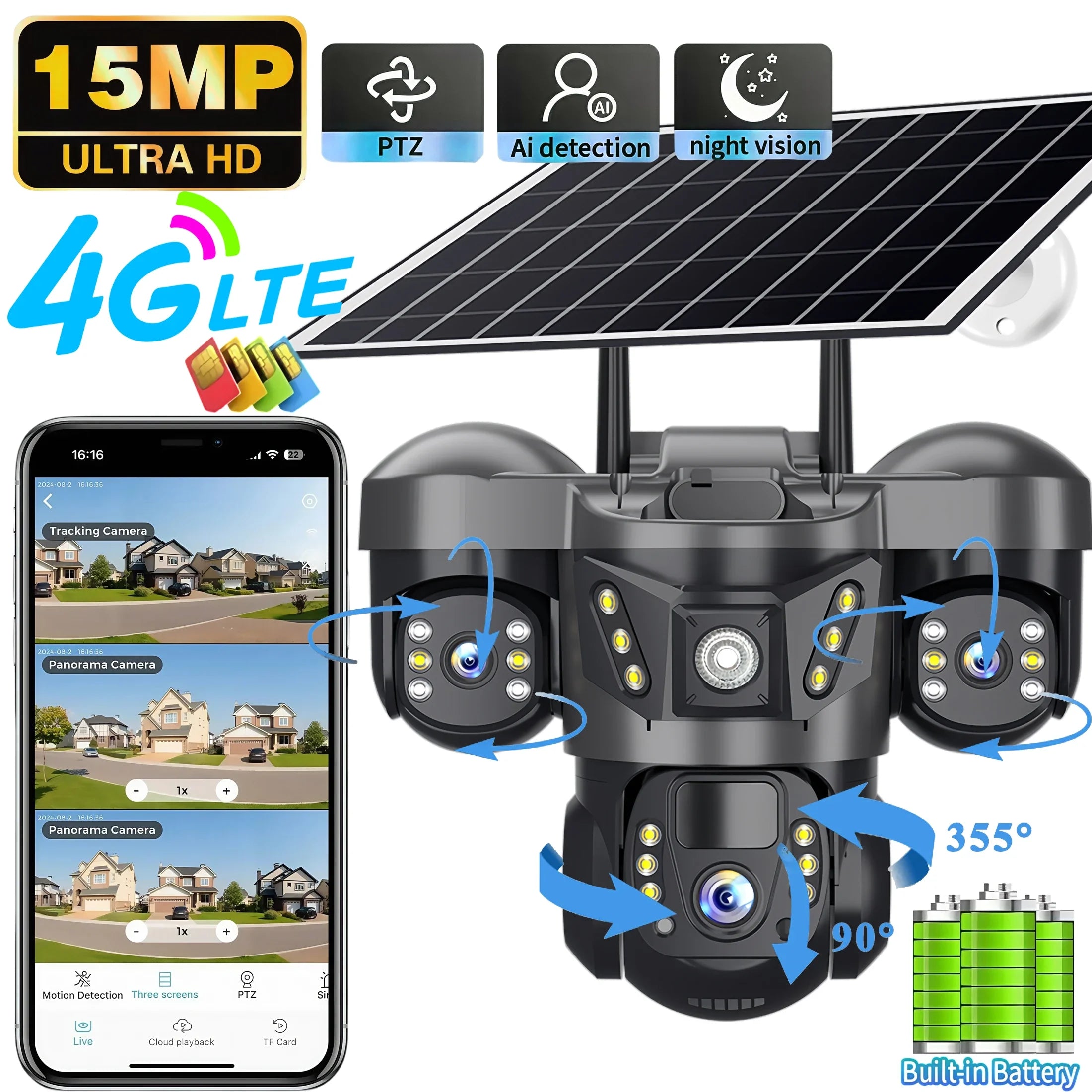 4G Solar Camera V380 Pro HD 15MP 360 Outdoor Waterproof CCTV Night Vision Two Way Audio Human Detection