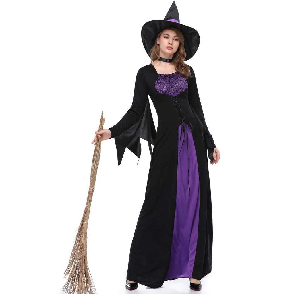 Halloween Gothic Witch Cosplay Costumes Women Sexy Witch Dress With Hat Carnival Party Performese Clothes