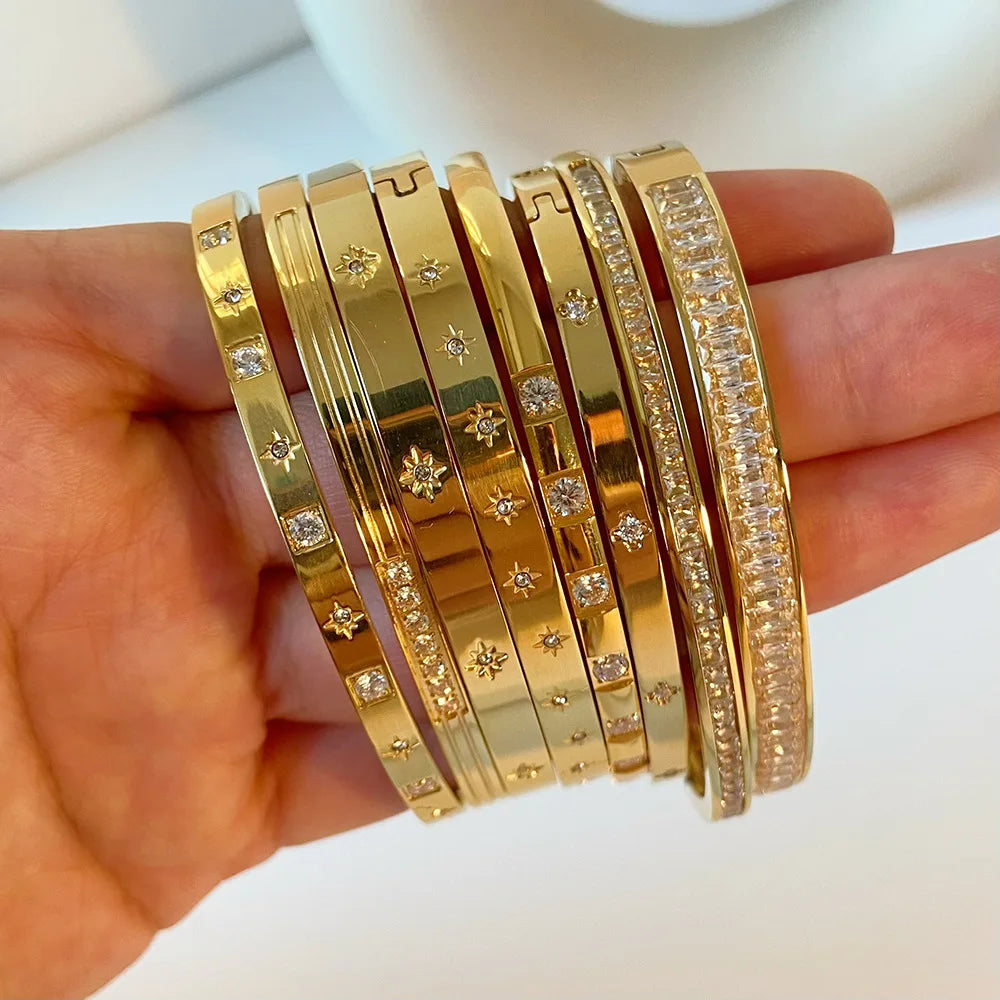 Luxury Jewelry Accessories Non Tarnish Elegant Cubic Zirconia Star 18K Gold Plated Stainless Steel Bangle Bracelet for Women