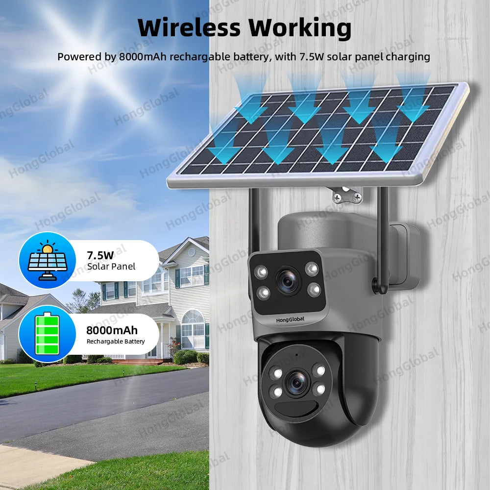 HongGlobal 8MP Wireless Solar Powered Surveillance Camera Eseecloud Dual Lens 4K Home Security 5G WiFi/4G Outdoor Solar CCTV Cam