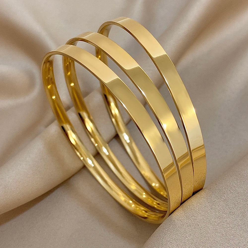 3pcs Simple Classic Smooth Stainless Steel Wide Basic Bracelet for Men Women Vintage Chunky Gold Plated Plain Waterproof Bangles
