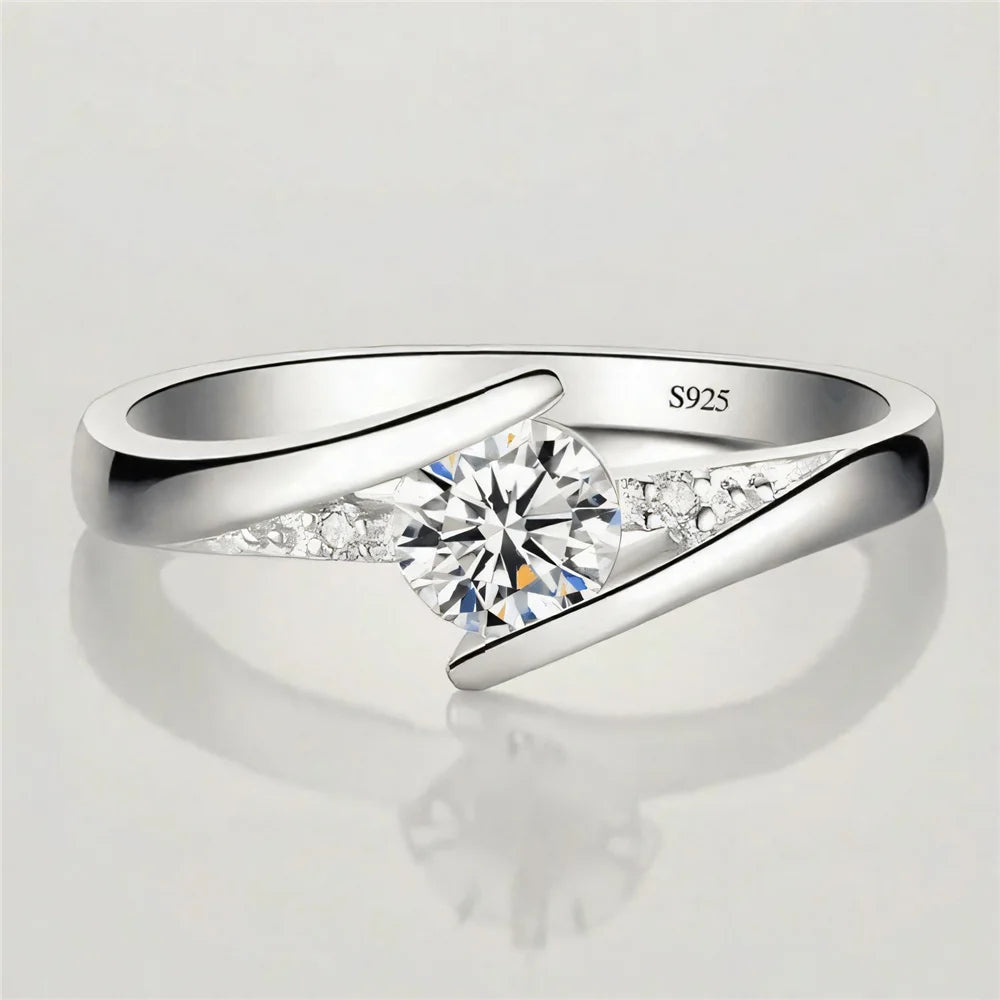 Cute Female White Zircon Round Stone Ring Silver Color Engagement Charm Wedding Jewelry For Women