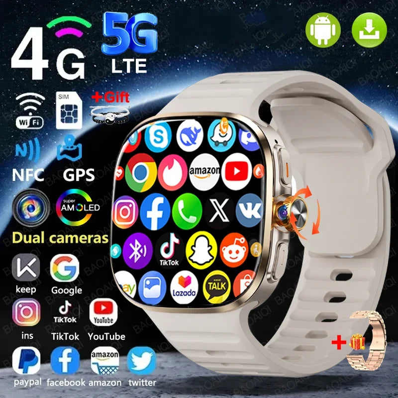 New Large Screen Smartwatch 4G/5G SIM Card Android 10.0 AMOLED 2.4 inch 900W Pull-out Swivel Camera smart watches 16GB+256GB RAM