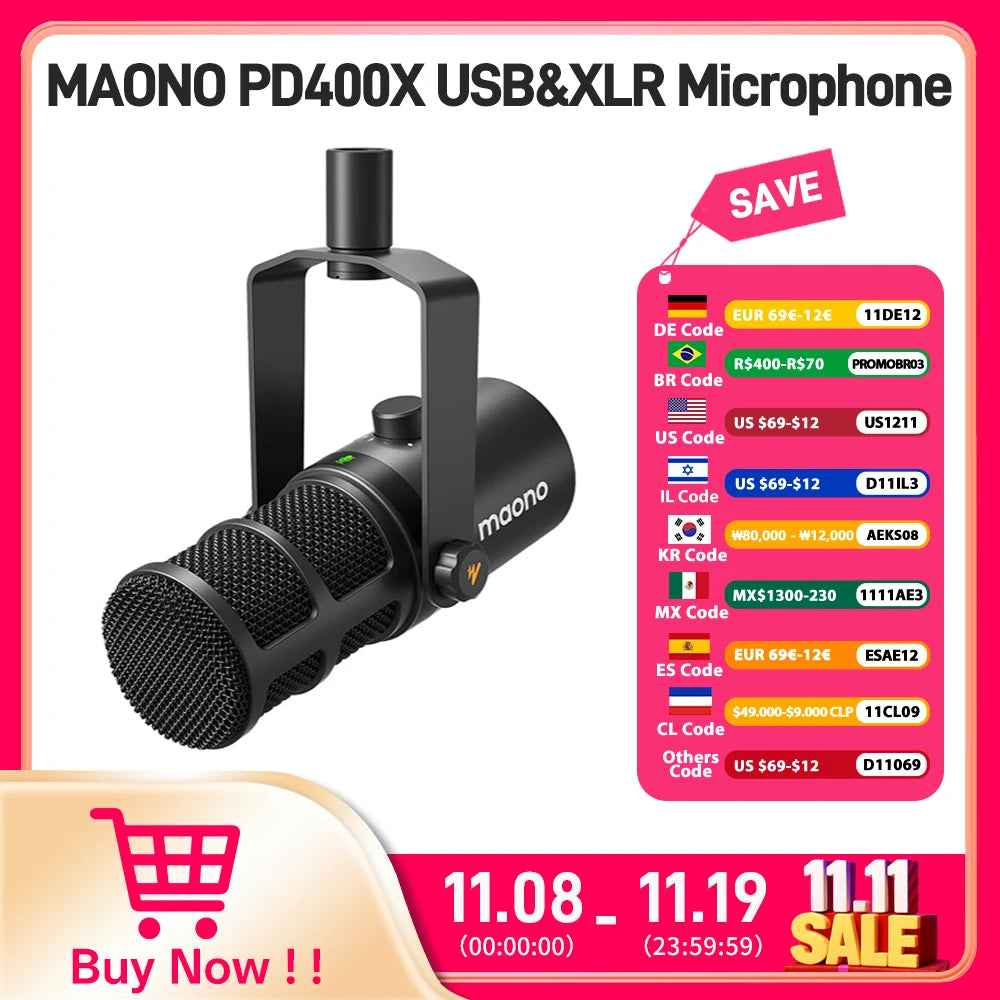 Maono USB/XLR Dynamic Microphone All Metal With One-Touch Mute Headphone Jack And Volume Control For Podcasting Streaming PD400X