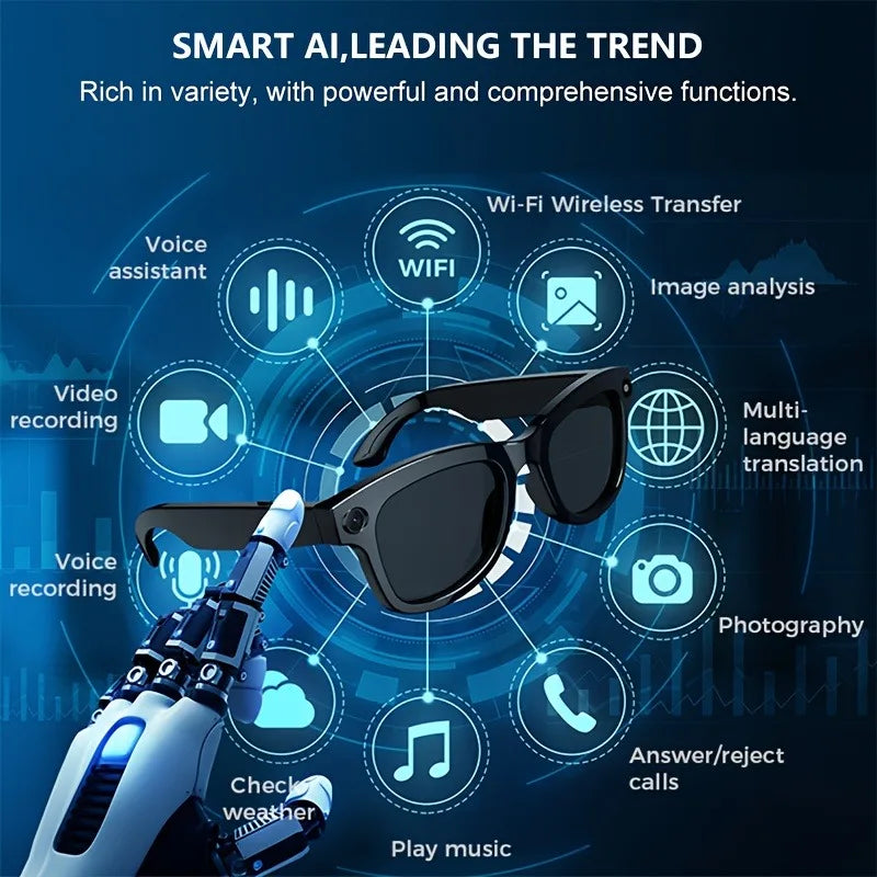 AI Smart Glasses Built-in HD Camera Glasses Bluetooth Wireless Audio Intelligent Glasses Anti-glare Anti-blue Connected Glasses