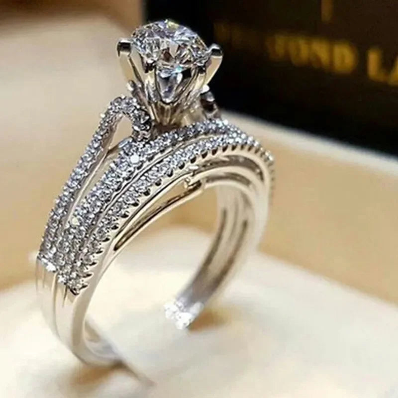 2PCS/Set Milangirl Trendy Crystal Ring Set Wedding Rings Women Geometric Luxury White Bridal Rings Jewelry Ladies Party