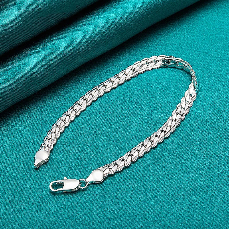 Fashion Hot 925 Silver Bracelet 6mm 18/19/20cm Flat Side Chain Lobster Clasp For Woman Man Wedding Engagement Jewelry Gift