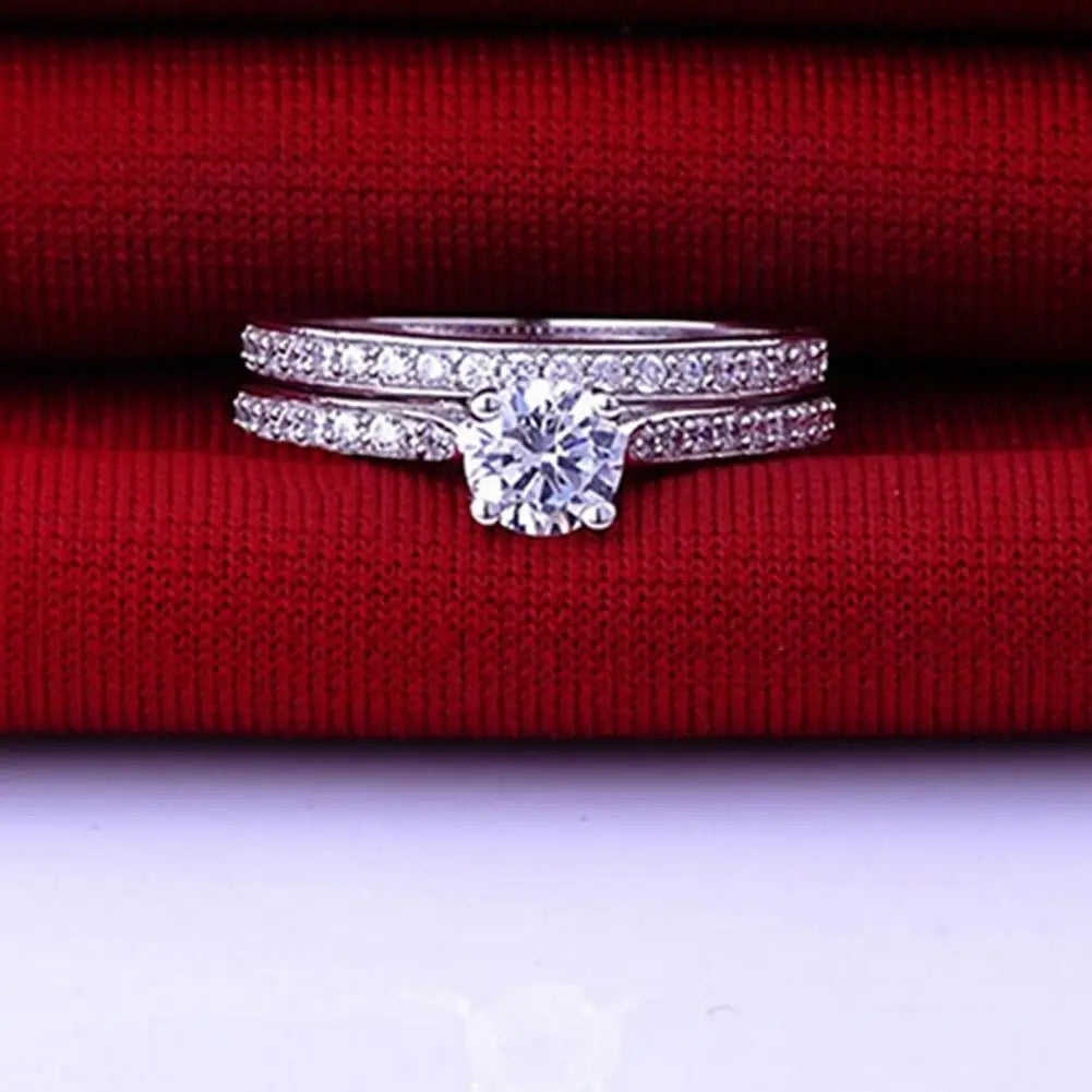2Pcs/Set Ring Shiny Cubic Zirconia Plated Silver Romantic Couple Finger Ring for Wedding