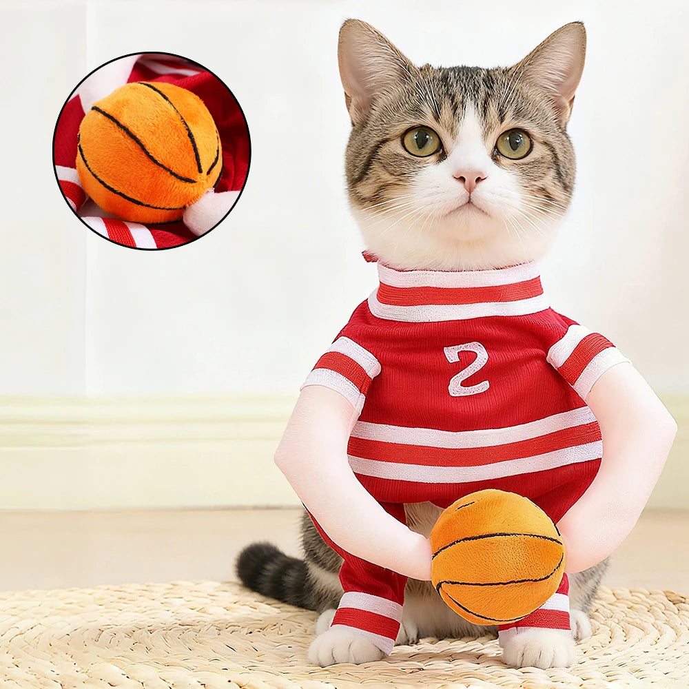 Halloween Cats Costumes Adjustable Funny Party Small Kitten Apparel Basketball Player Cosplay Clothes Sport Jersey Holding Ball