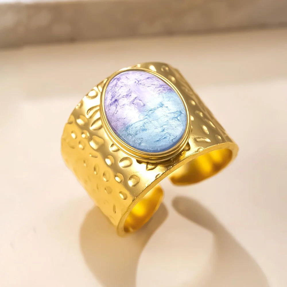 Fashion Stainless Steel Round Natural Stone Green Turquoise Malachite Geometric Ring Women Bohemian Vintage Jewelry