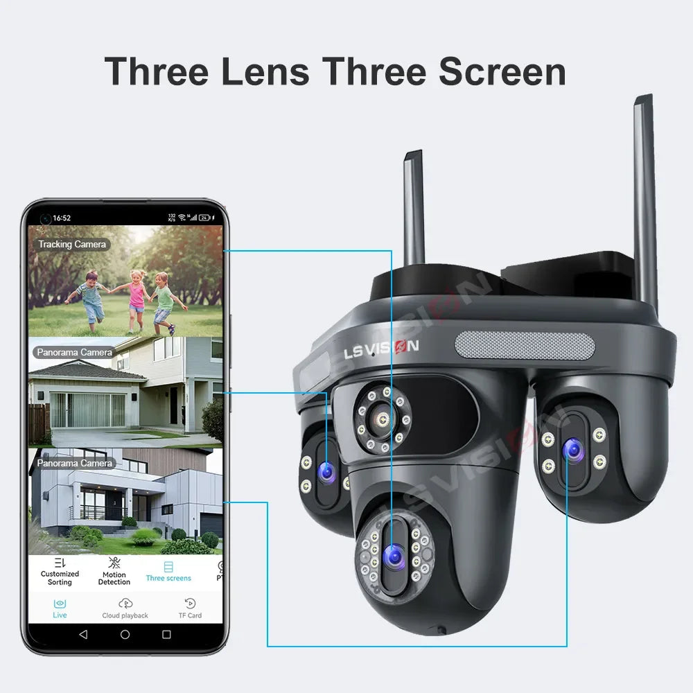 LS VISION 15MP Wifi surveillance Cameras 3 Screens 3 Lens Electric Rotation Outdoor WIFI IP Camera Human Auto Tracking CCTV Cam