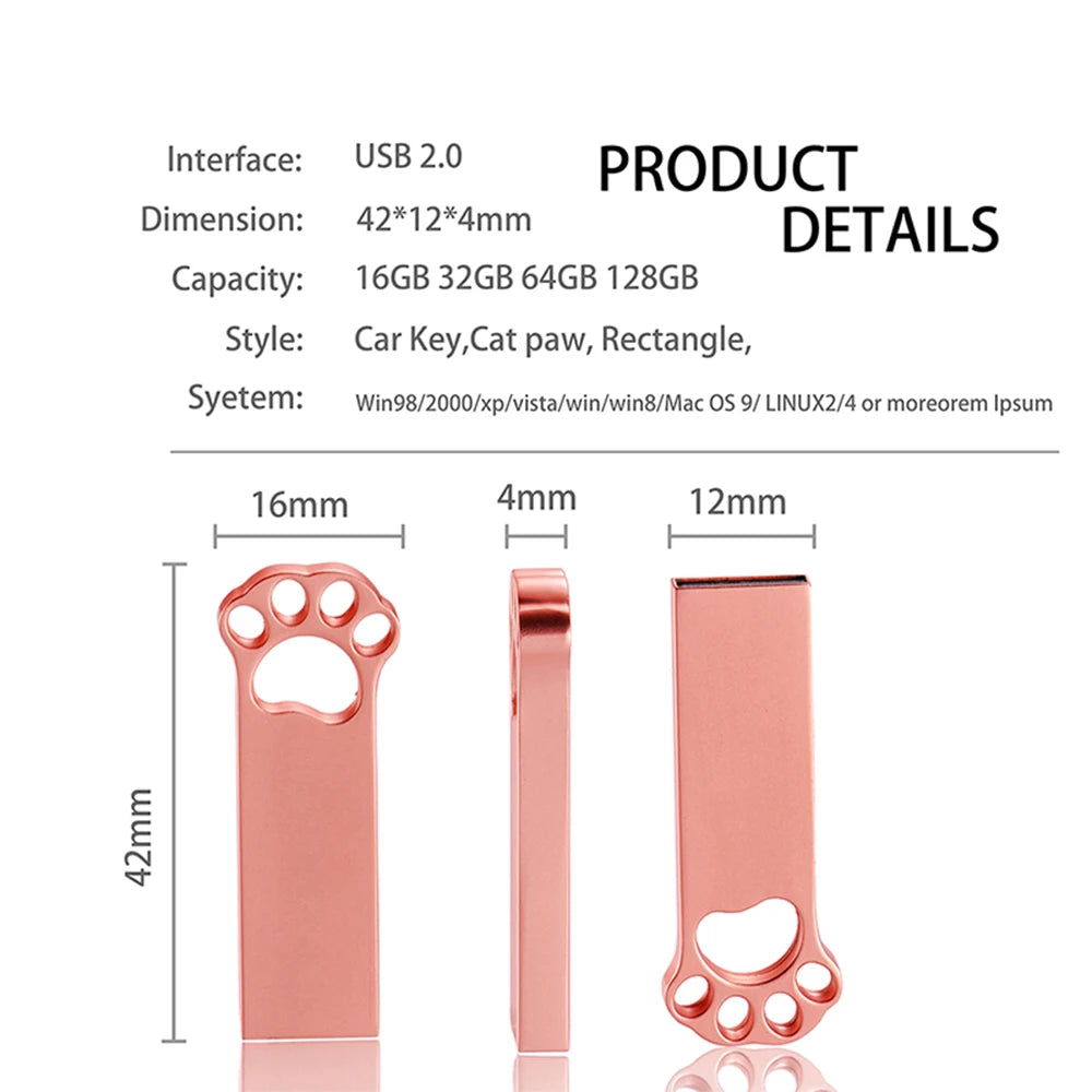 Beautiful Cat's Paw Metal USB Flash Drive 128GB Not Logo Memory Stick 64GB 100% Real Capacity Pendrive 32GB Creative Gift