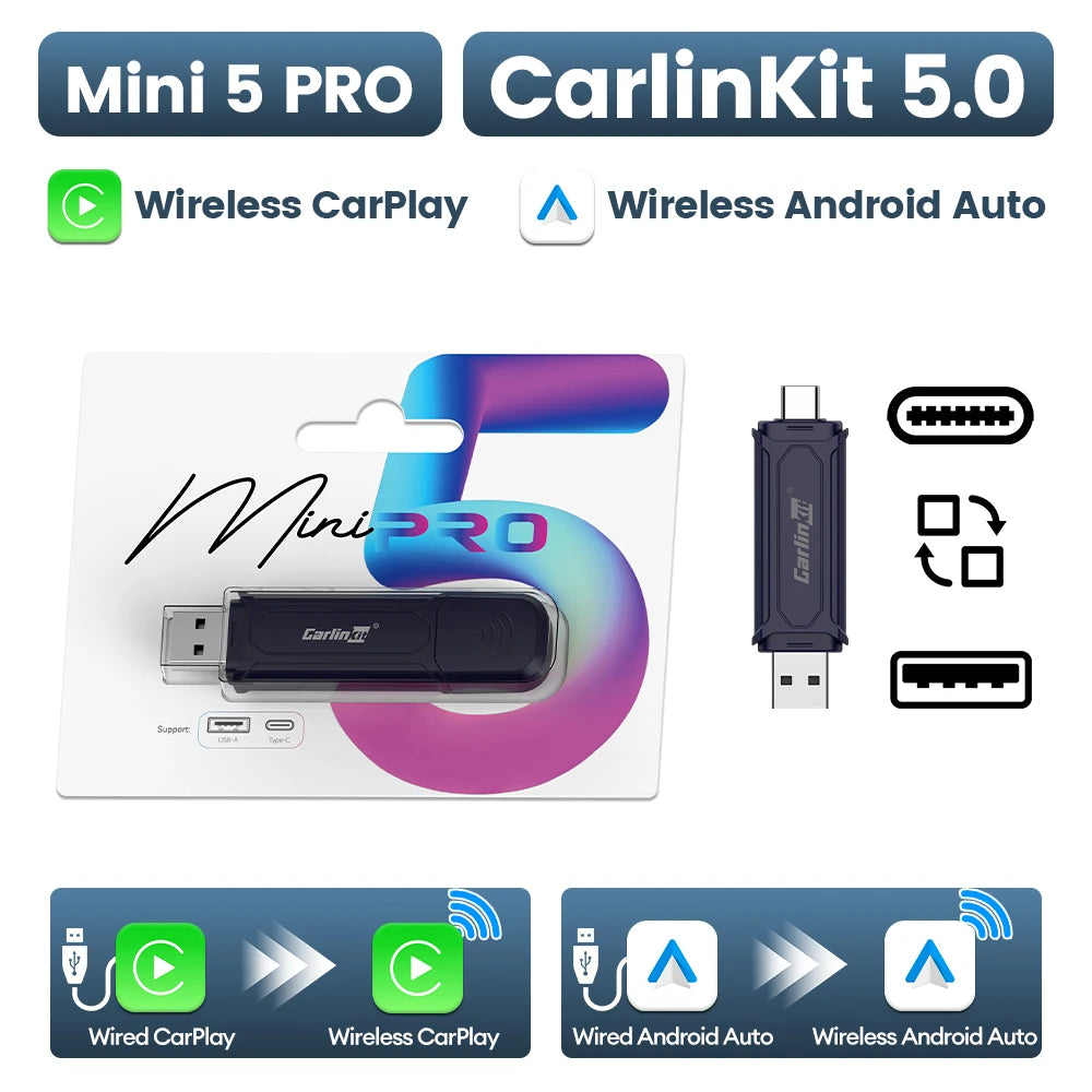 2air Mini 5 Pro CarlinKit 5.0 Wireless CarPlay Wireless Android Auto Box 5Ghz WiFi BT Auto Connect Plug&Play OTA Upgrade