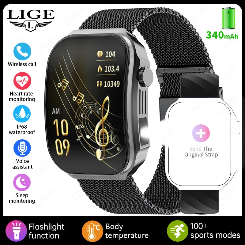 LIGE New 2.2 inch 3D curved Screen Smart Watch Men Bluetooth Call Flashlight 100+Sports Mode Man Watch Waterproof Men Smartwatch