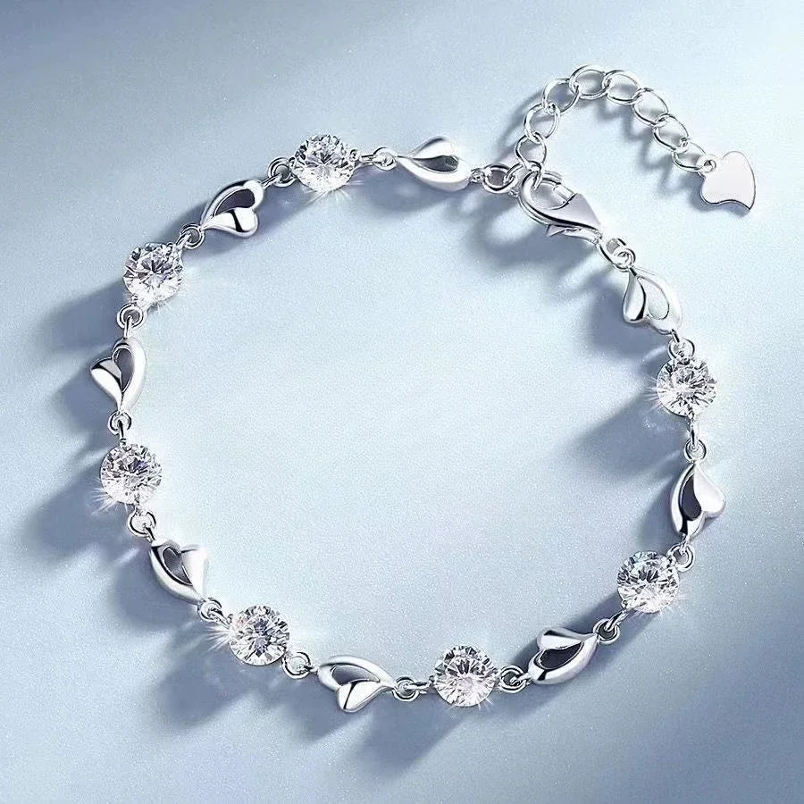 925 Sterling Silver Heart Shaped Bracelet For Women Retro Korean Versatile Pink Crystal Charm Bracelets Original Party Jewelry