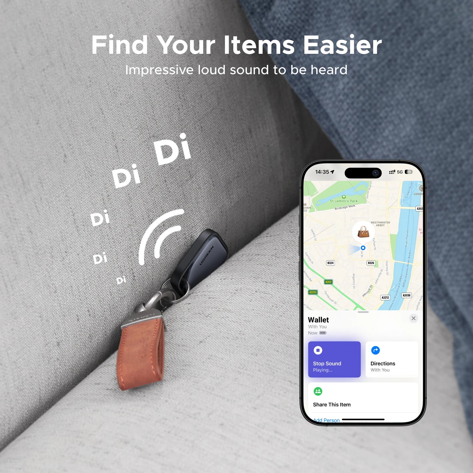 UGREEN Smart Bluetooth Tracker, Keys Finder Item Locator SmartTag Up to 2 Year Battery Phone Finder For Apple Find My (only IOS)