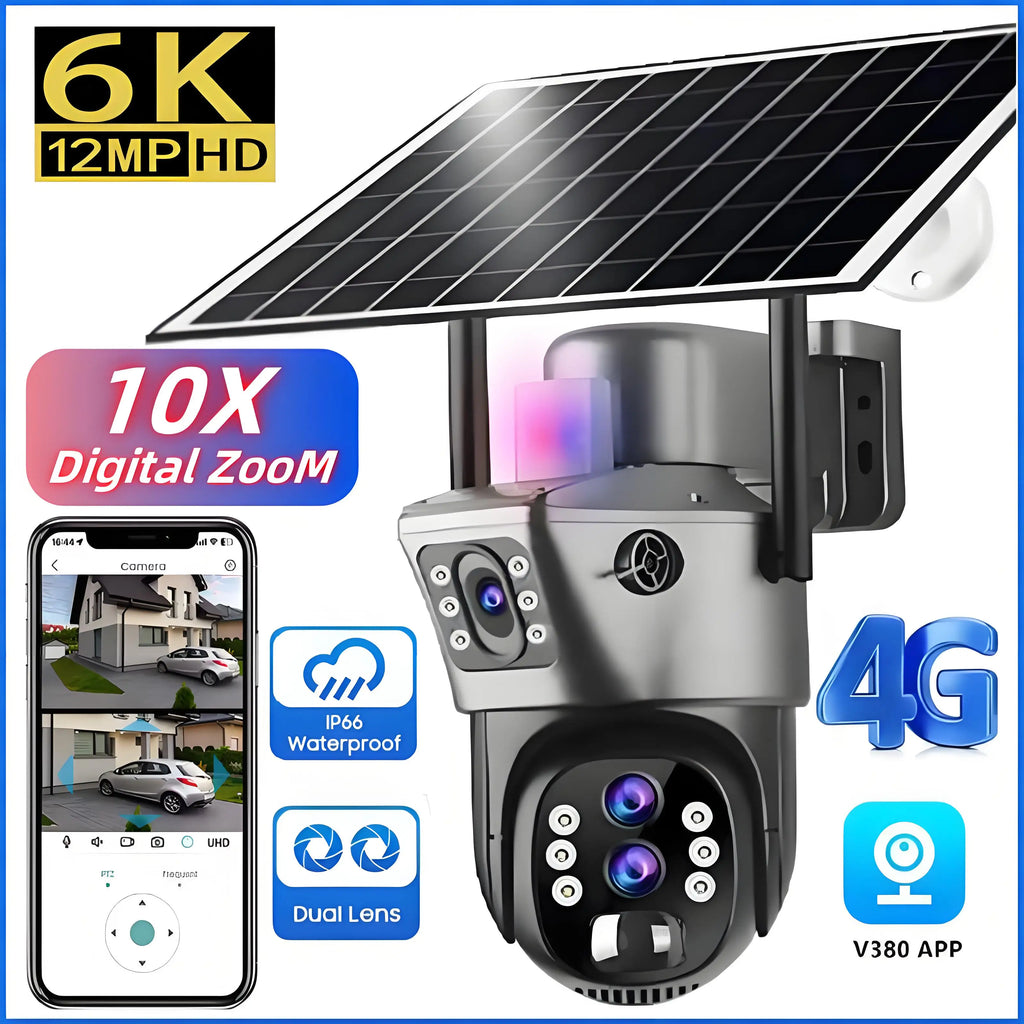 10x Zoom 4G SIM Solar Camera Outdoor 6K 12MP Three Lens HD Night Vision IP Surveillance Camera Security Protection  PTZ CCTV Cam
