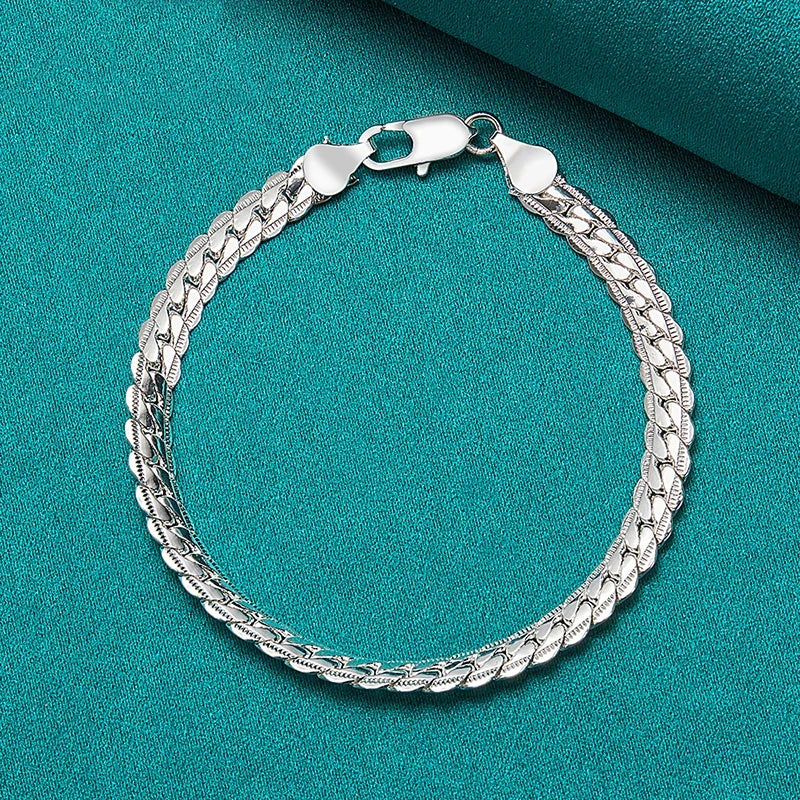 Fashion Hot 925 Silver Bracelet 6mm 18/19/20cm Flat Side Chain Lobster Clasp For Woman Man Wedding Engagement Jewelry Gift