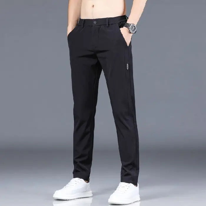 2025 New Summer Ultra-thin Men's Casual Pants Breathable Soft Ice Silk Elastic Straight Business Trousers Black Gray