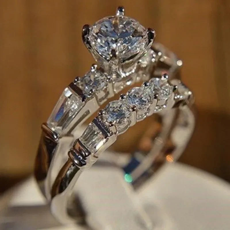 2PCS/Set Milangirl Trendy Crystal Ring Set Wedding Rings Women Geometric Luxury White Bridal Rings Jewelry Ladies Party