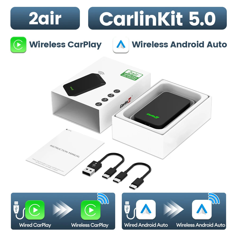 2air Mini 5 Pro CarlinKit 5.0 Wireless CarPlay Wireless Android Auto Box 5Ghz WiFi BT Auto Connect Plug&Play OTA Upgrade