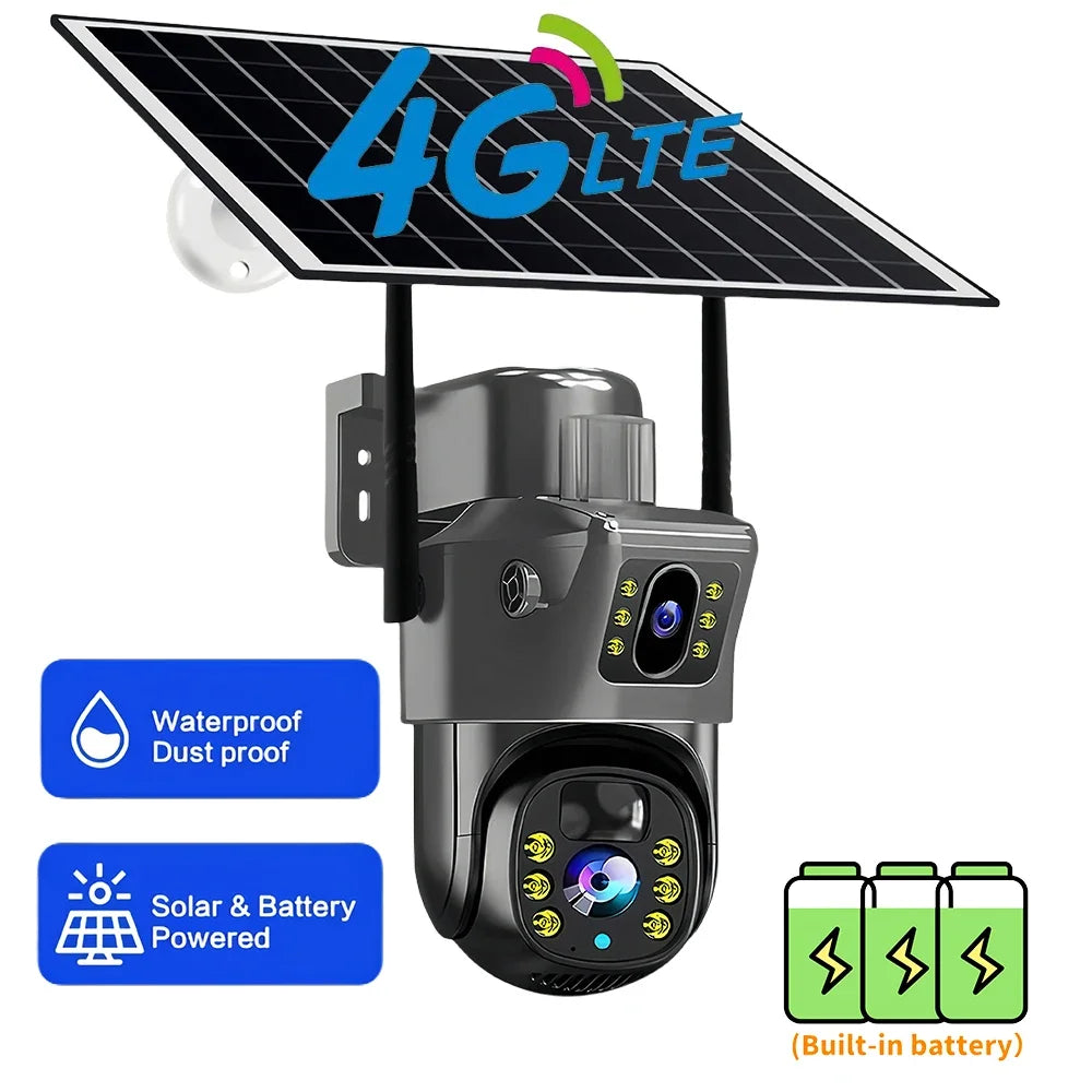 2025 Outdoor 4K 8MP Wireless Solar Camera 4G Sim Dual Lens Wifi IP PIR HD Night Vision Camera V380Pro PTZ Security CCTV Monitor