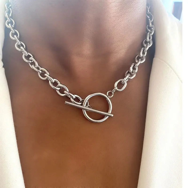 2023 New Fashion Gold Color Chunky Chain Necklace for Women Simple Toggle Clasp Stainless Steel Choker Necklaces Jewelry Gifts