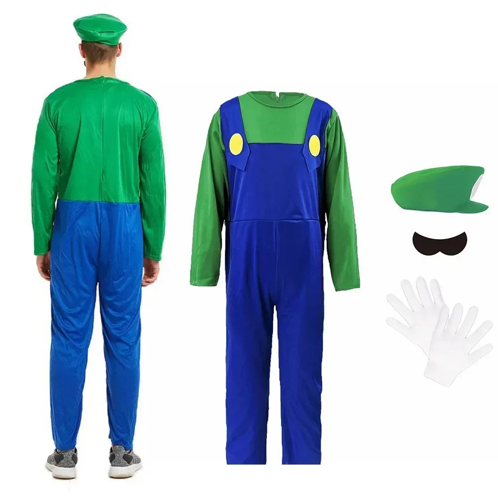Halloween   Plumber Bros Cosplay Costumes Funny Halloween Carnival Outfits for Men Women Fancy Jumpsuit with Hat Mustache Gloves
