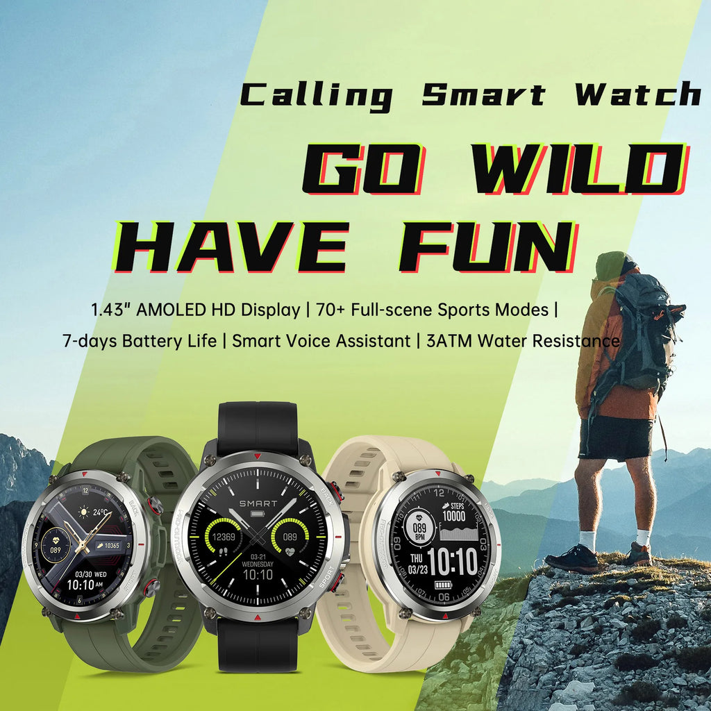Smart Watch Fitness Tracker 1.43-Inch AMOLED High Screen Outdoor 70+ Sport Modes Waterproof Smartwatch Wireless Compatible Andr