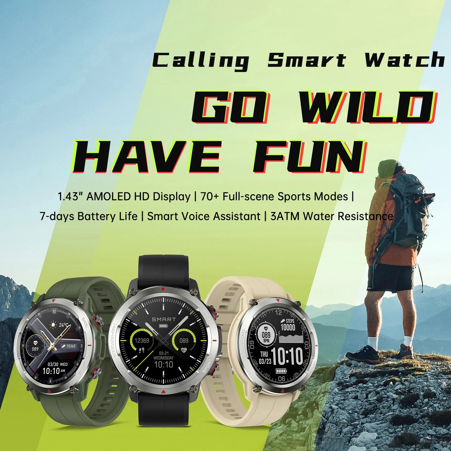 Smart Watch Fitness Tracker 1.43-Inch AMOLED High Screen Outdoor 70+ Sport Modes Waterproof Smartwatch Wireless Compatible Andr