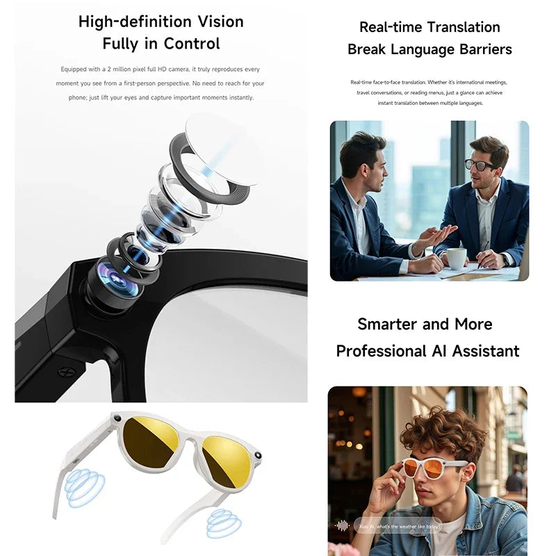 NEW Smart Glasses 200W HD Camera Photo Video Real-time Translation Al Image Recognition Flash lamp Flashlight BT Call AI Glasses