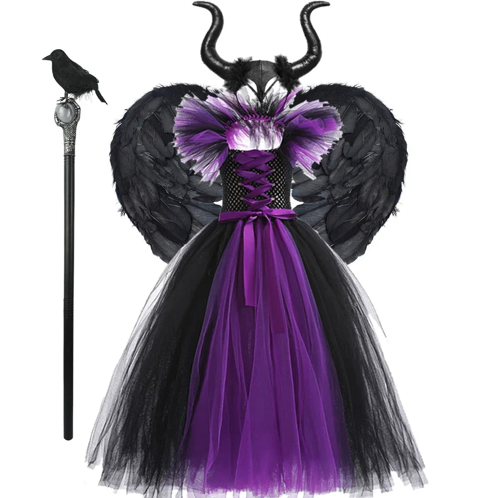 Halloween Costume Kids Maleficent Cosplay Dress Children Disguise Outfits Girls Ceremonial Luxury Floor Length Elegant Gown