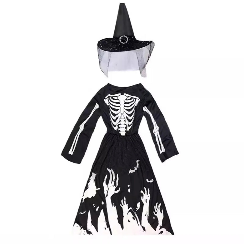 Halloween Skeleton Costumes Dresses Set with Hats Kids Cosplay Zombie Spooky Horror Dress Day Of The Dead Rave Party Clothes