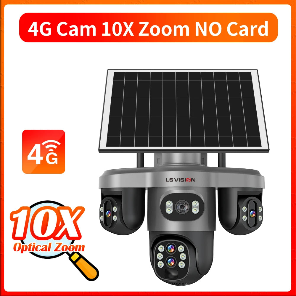 LS VISION 20MP 4G Solar Camera 10X Optical Zoom Four Lens Three Screen Outdoor WiFi Surveillance Cameras Auto Tracking V380 Pro