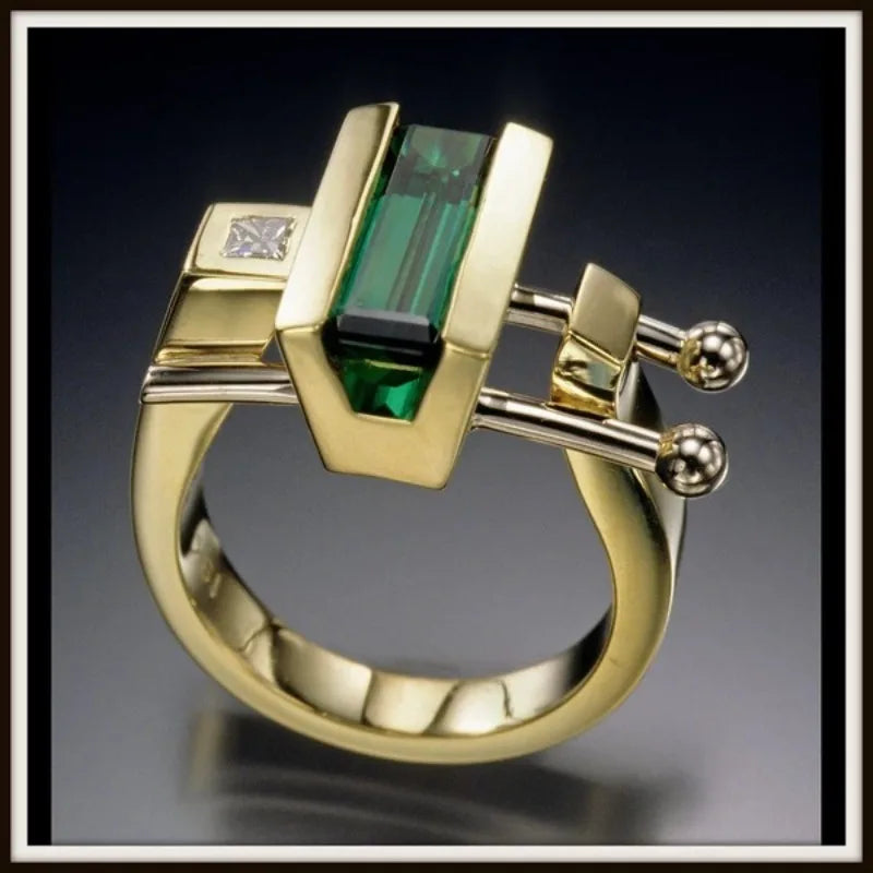 Classic Originality Square Inlaid with Green Stones Rings for Women Fashion Personality Engagement Party Ring Jewelry