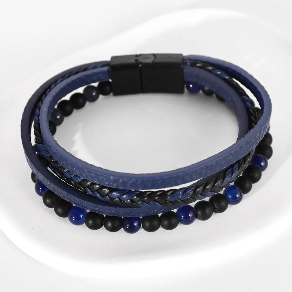 New Vintage Leather Handwoven Rope Bracelet Leather Beaded Magnetic Buckle Men's Bracelet Fashion Jewelry Wholesale