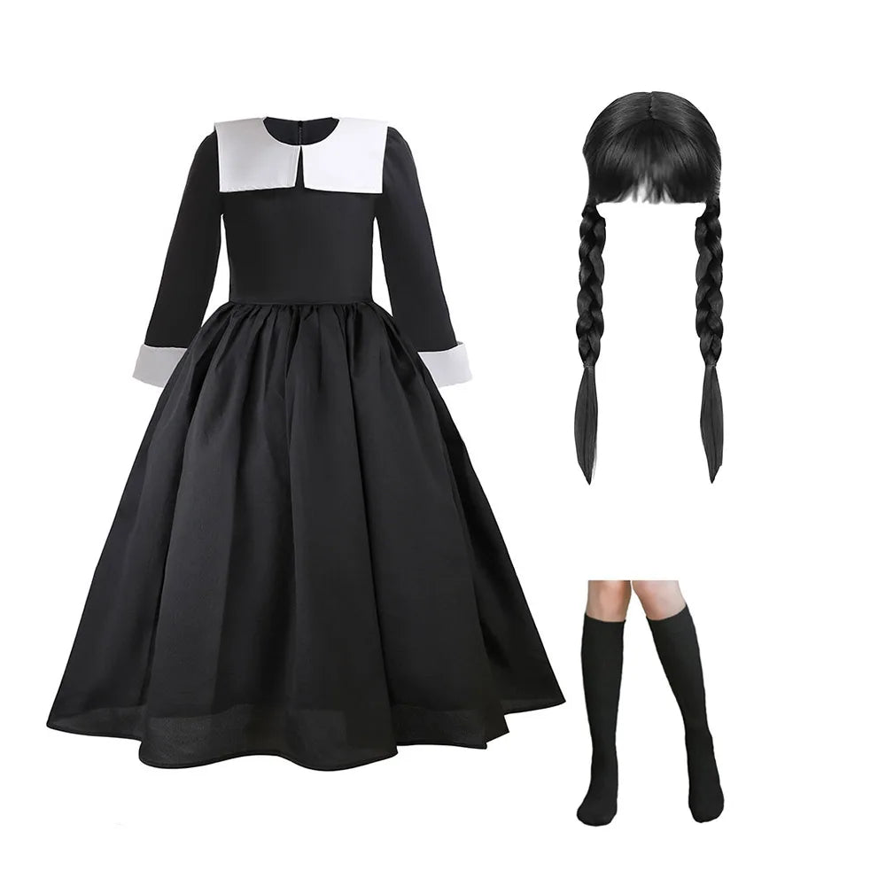 Halloween Girls Dress Kids Black Family Gothic Dress +Wig calf socks Girls Prom Gown Wesday Cosplay Fancy Party Carnival Costume