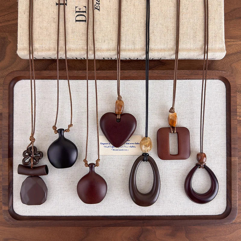 Fashion Women Necklace New Chinese Retro Long Hollow Wooden Pendant Unique Design Elegant Stylish Chain For Ladies