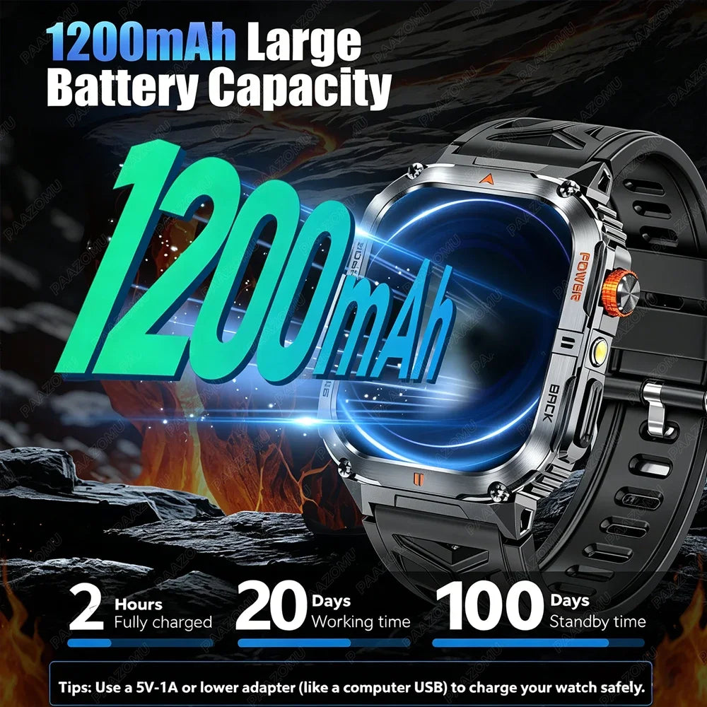 Outdoor Smart Watch for Men 1200mAh Battery LED Flashlight BT Calls Heart Rate 100+ Sports Modes Fitness Tracker for Android/iOS
