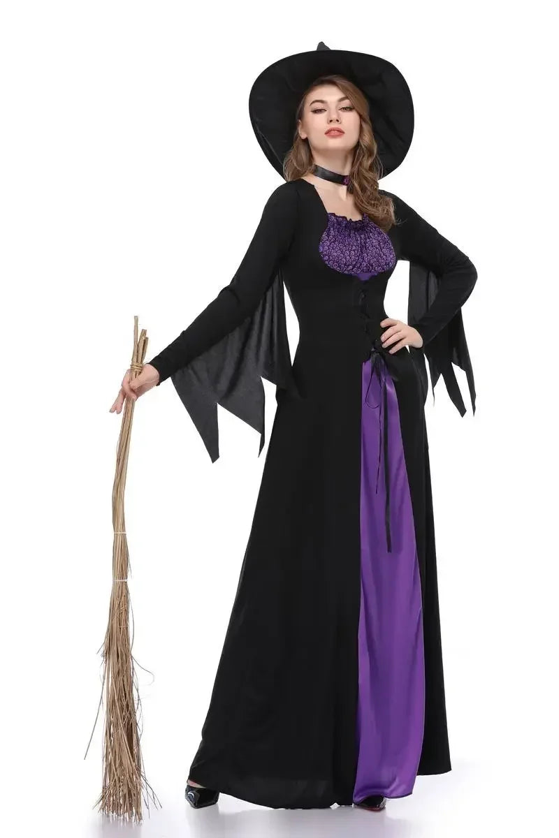 Halloween Gothic Witch Cosplay Costumes Women Sexy Witch Dress With Hat Carnival Party Performese Clothes