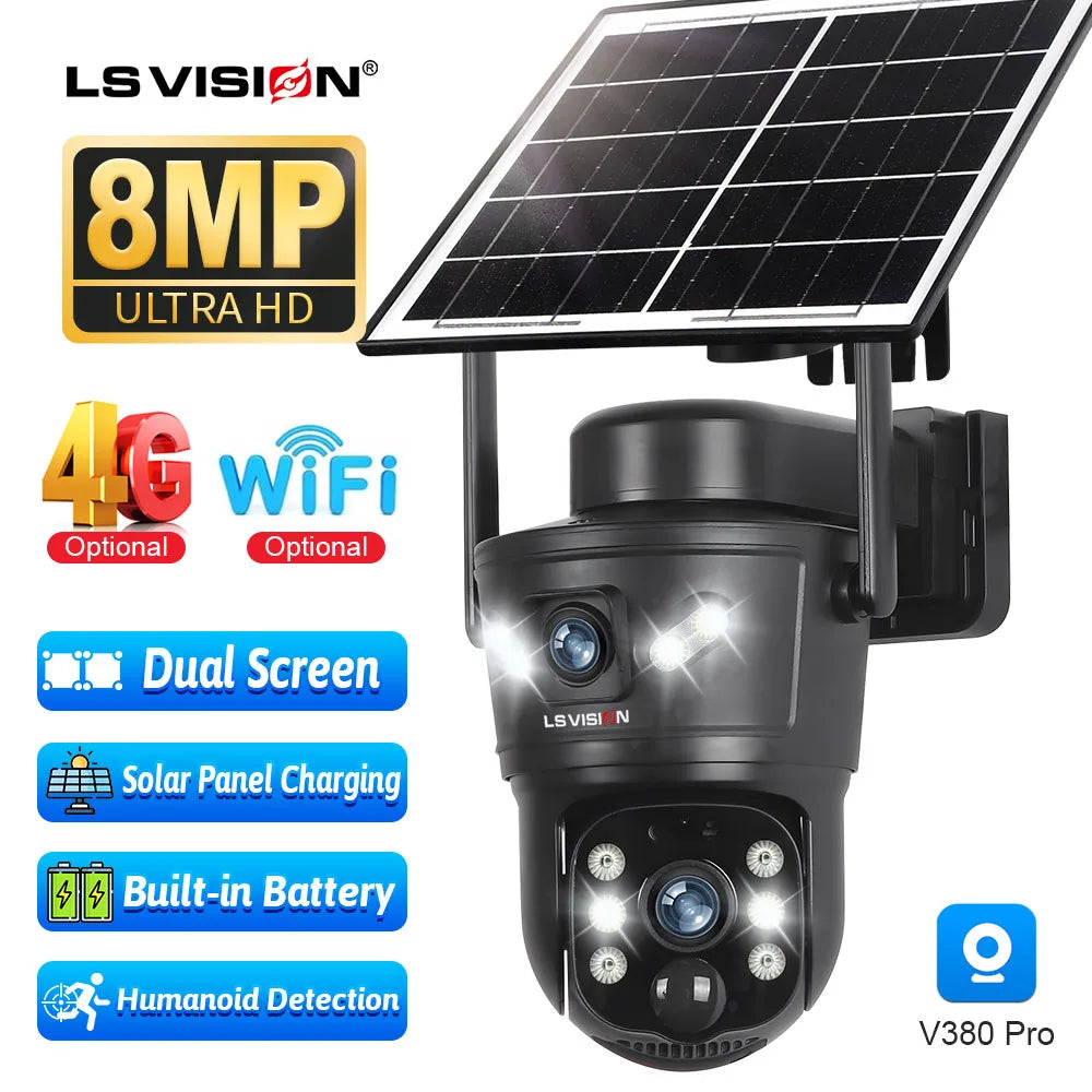 LS VISION 4K 8MP Dual Screens Solar Security Camera Outdoor 4G/WiFi Dual Lens PTZ Human Auto Tracking CCTV Cameras V380 Pro App