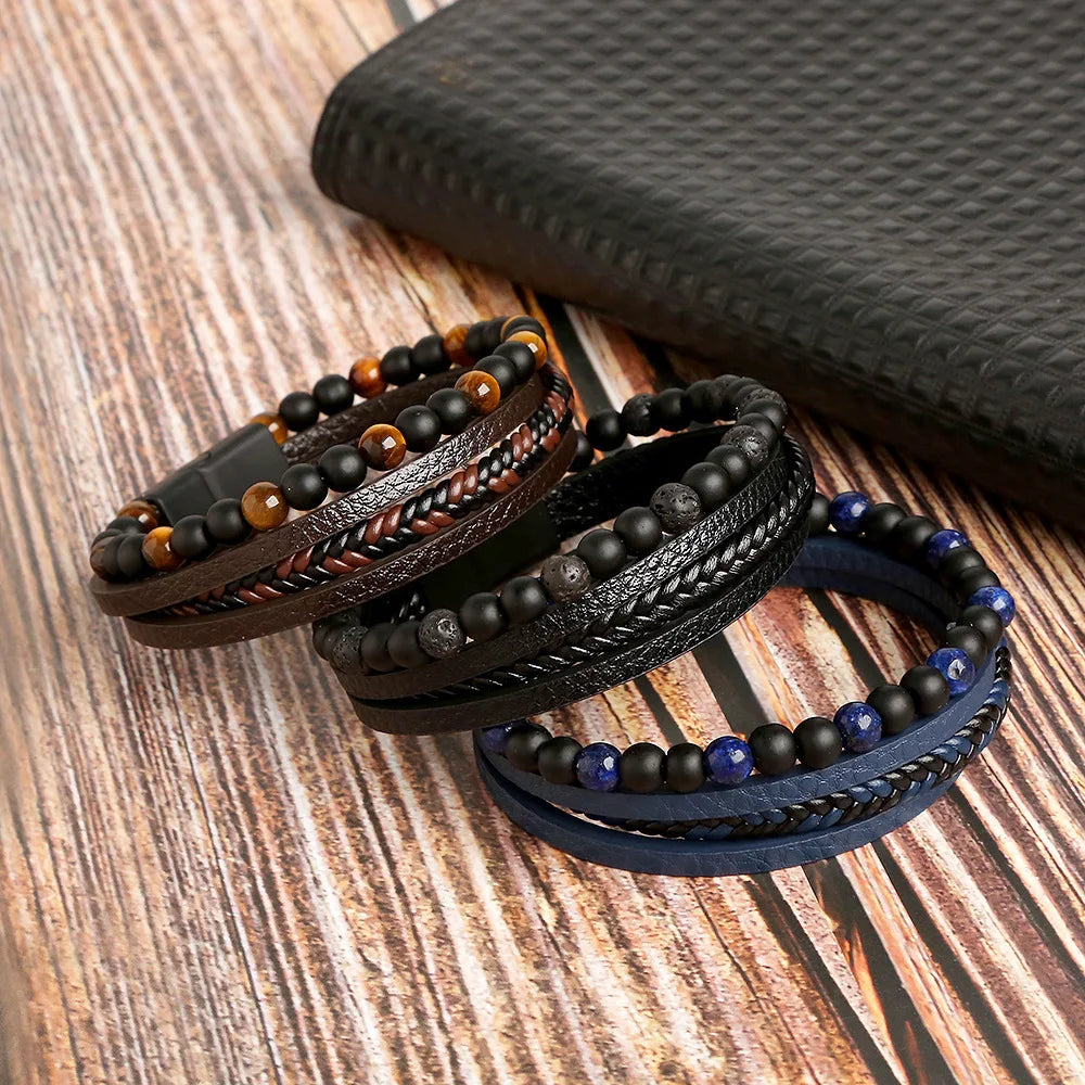 New Vintage Leather Handwoven Rope Bracelet Leather Beaded Magnetic Buckle Men's Bracelet Fashion Jewelry Wholesale