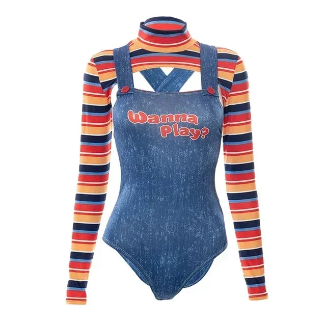 2025 Halloween Costumes for Women Scary Nightmare Killer Doll Wanna Play Movie Character Bodysuit Chucky Doll Costume Set
