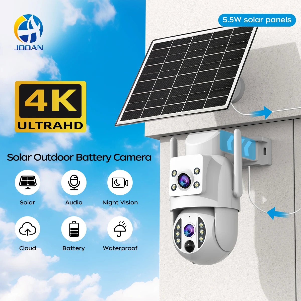 JOOAN 4K 6MP WiFi Surveillance camera Solar Outdoor CCTV Camera With Solar Panel Dual Lens PTZ IP Cam Security Protection